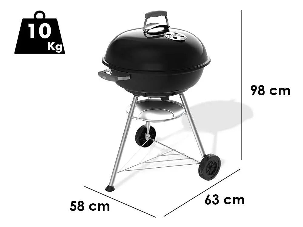 Barbecue à charbon Weber Compact Kettle 57 cm avec couvercle, cuisson homogène et ventilation réglable. Idéal pour grillades familiales jusqu’à 11 personnes avec cuisson directe et indirecte.