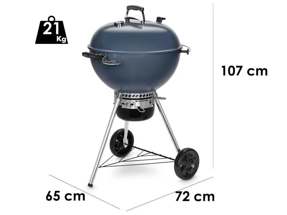Barbecue à charbon Weber Master Touch GBS C-5750 Slate Blue avec grille Gourmet BBQ System, cuisson indirecte et système One-Touch. Barbecue premium Weber idéal pour grillades, fumage et Low &amp; Slow jusqu’à 11 personnes.