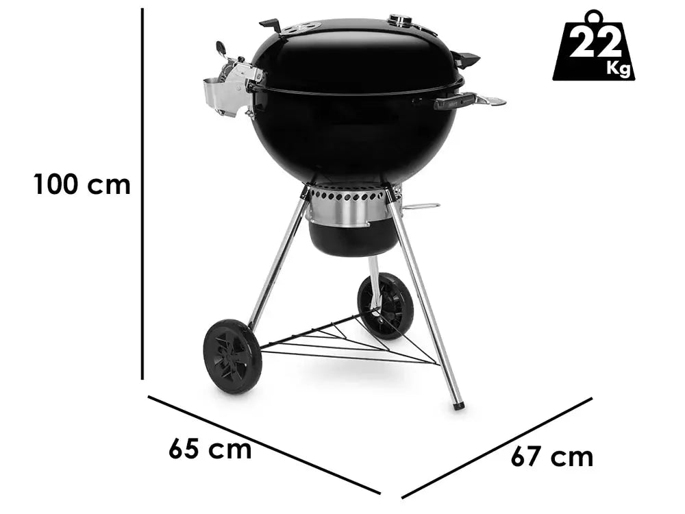 Barbecue à charbon Weber Master Touch Premium E-5770 BLK avec grille inox Gourmet BBQ System Ø57 cm, système One-Touch, couvercle à charnière et cuisson indirecte. Idéal pour fumage, grillades et cuisson low & slow.