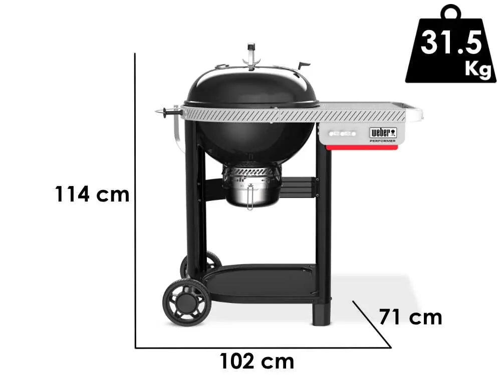 Barbecue à charbon Weber Performer avec grille Ø57 cm, système One-Touch, tablette latérale et cuisson indirecte. Barbecue premium idéal pour grillades, fumage et cuisson au charbon Weber.